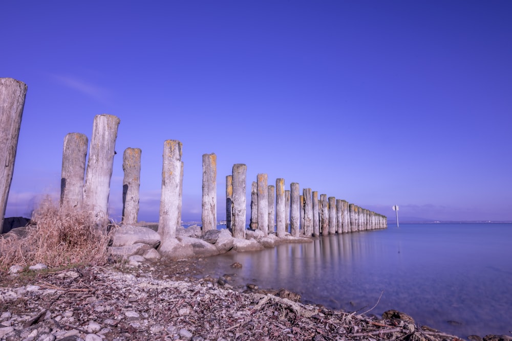 a long row of wooden posts sitting on top of a beach