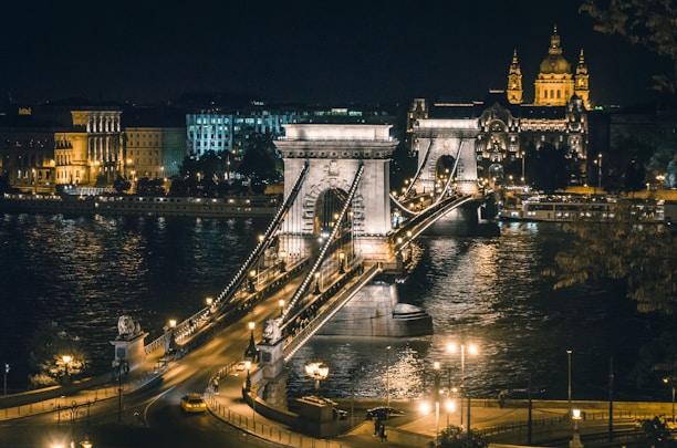 aerial photography of lighted concrete bridge