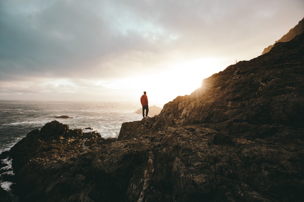 man standing on brown mountain while looking on body of water during daytime