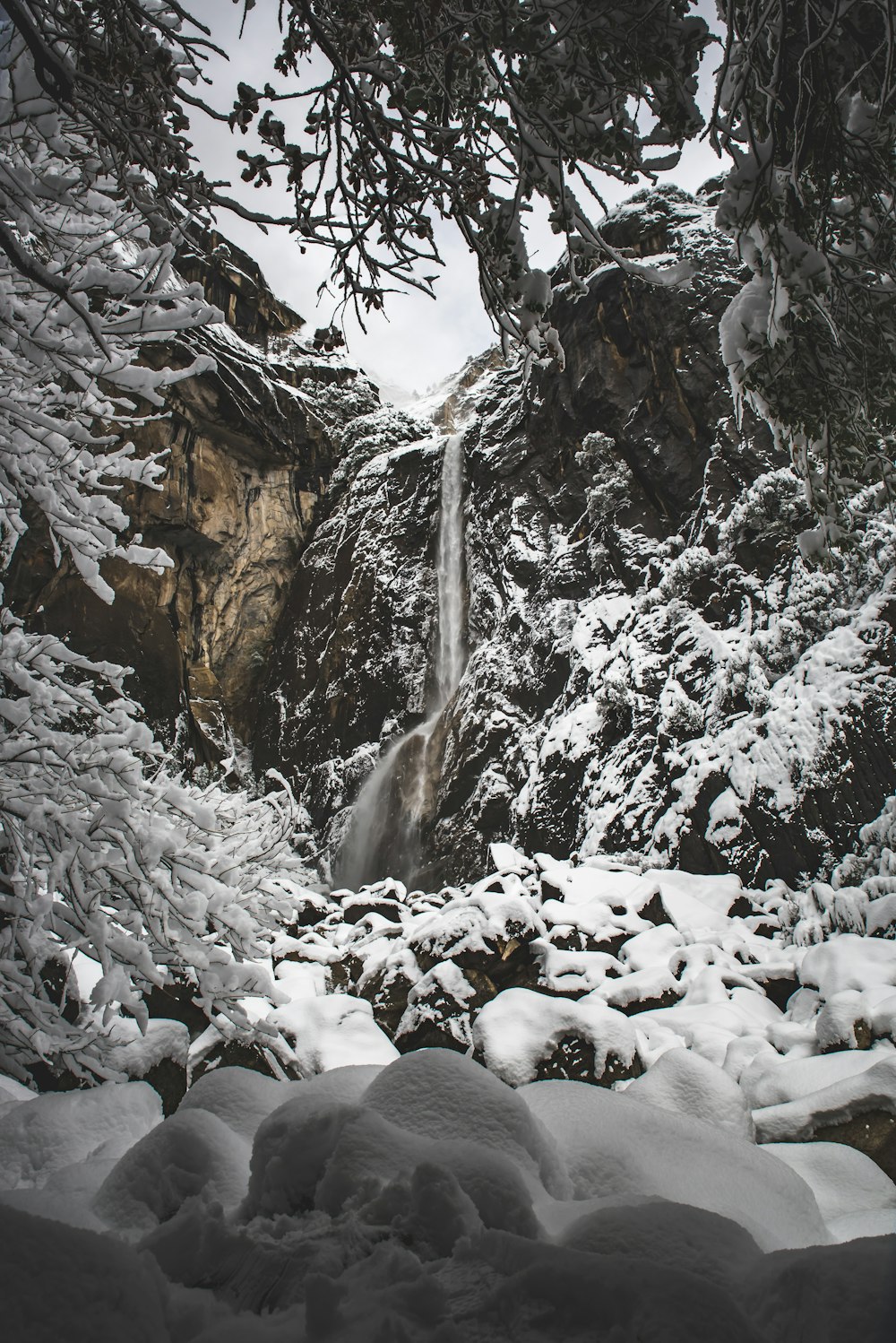 waterfalls covered with snow