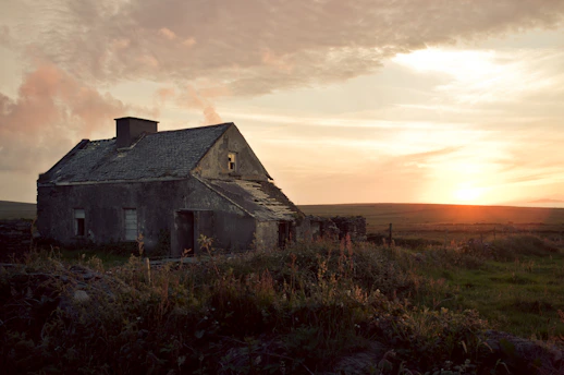 A weathered Texas homestead surrounded by mature oak trees under a golden sunset.