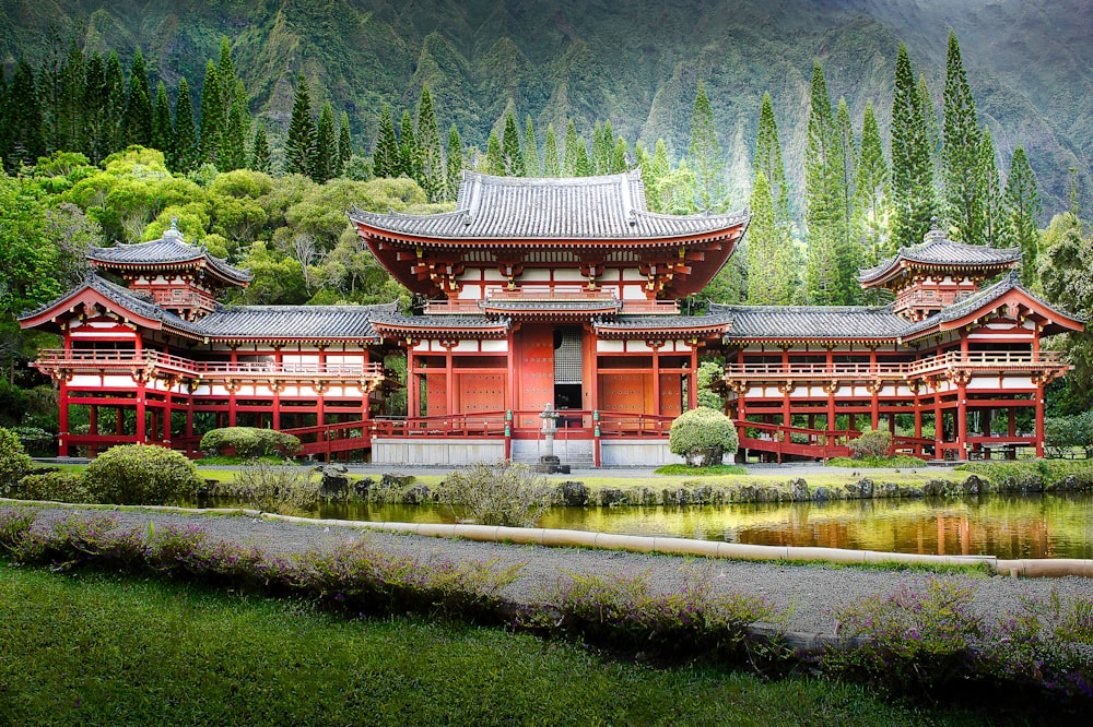 brown and gray temple surrounded by tall tress