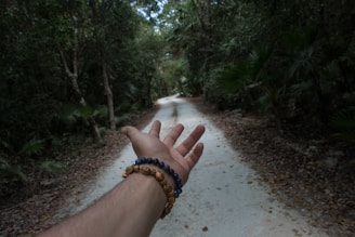 A hand wearing beaded bracelets is extended toward a narrow dirt path, lined with dense, green foliage and tall trees, creating a sense of invitation to explore or journey forward.