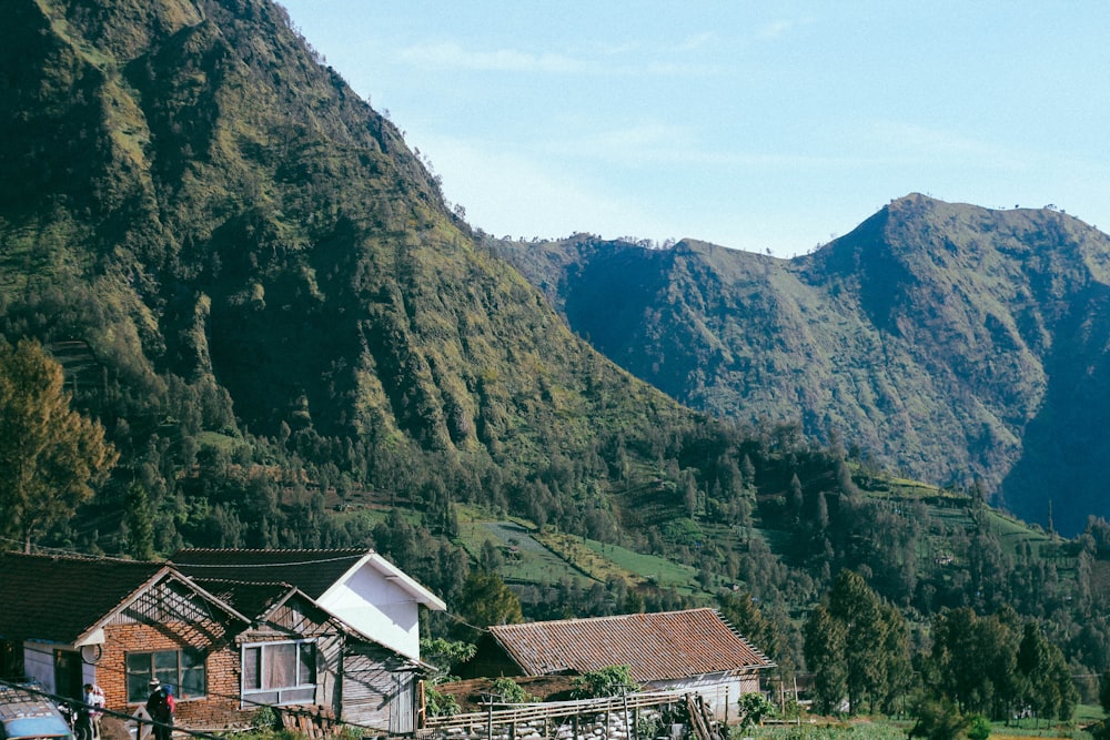 brown and white wooden house near mountain