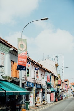 Local business storefront with vibrant marketing banners.