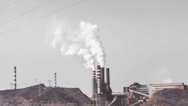 A factory complex with large chimneys emitting thick white smoke into a gray sky. The industrial setting includes multiple buildings and power lines, set against a barren landscape.