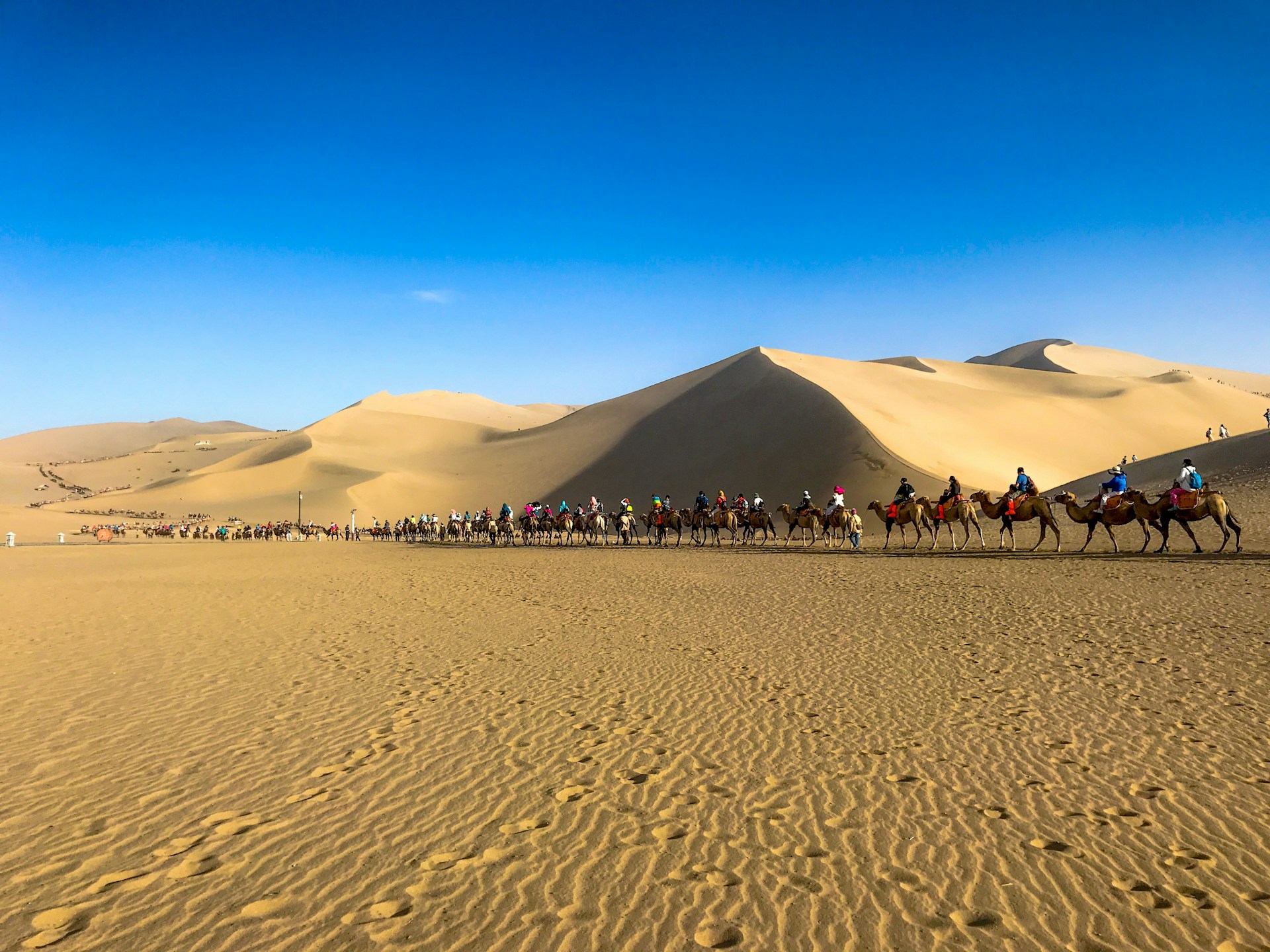 A caravan of camels is walking across a vast desert landscape, with large sand dunes in the background under a clear blue sky. The bright attire of the riders adds contrast against the muted tans of the desert.