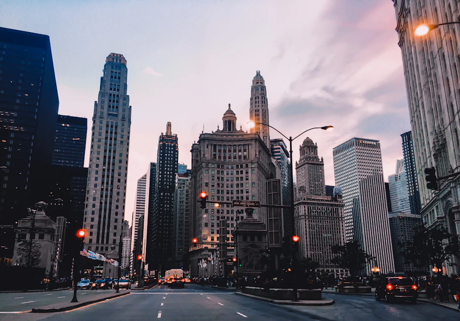 Low-angle view of Chicago towers against the sky