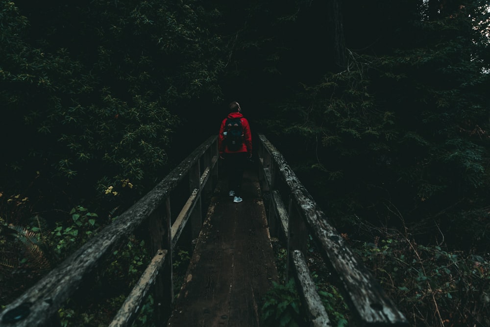person walking on bridge between trees