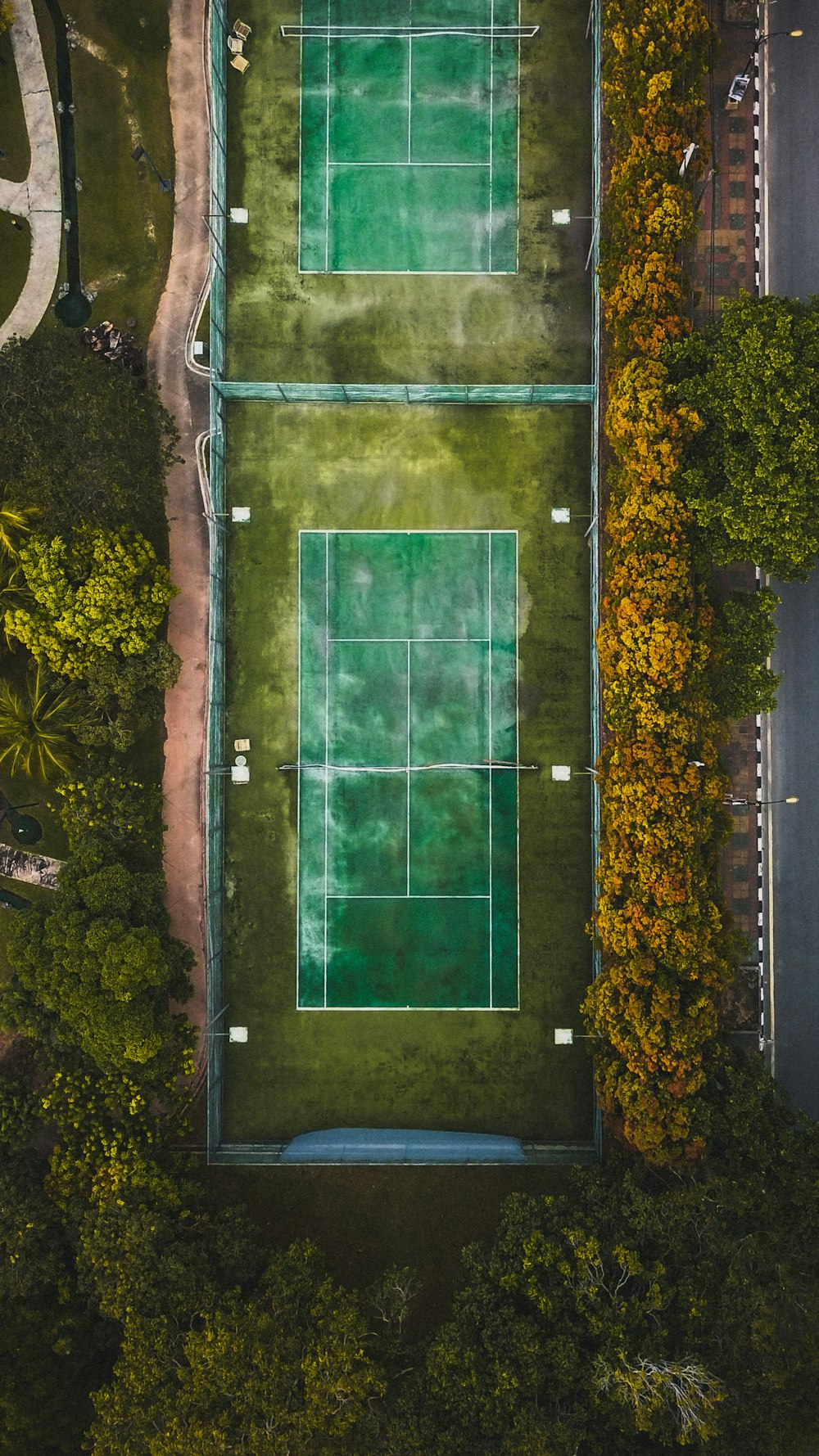 Luftaufnahme des Sportplatzes zwischen Bäumen