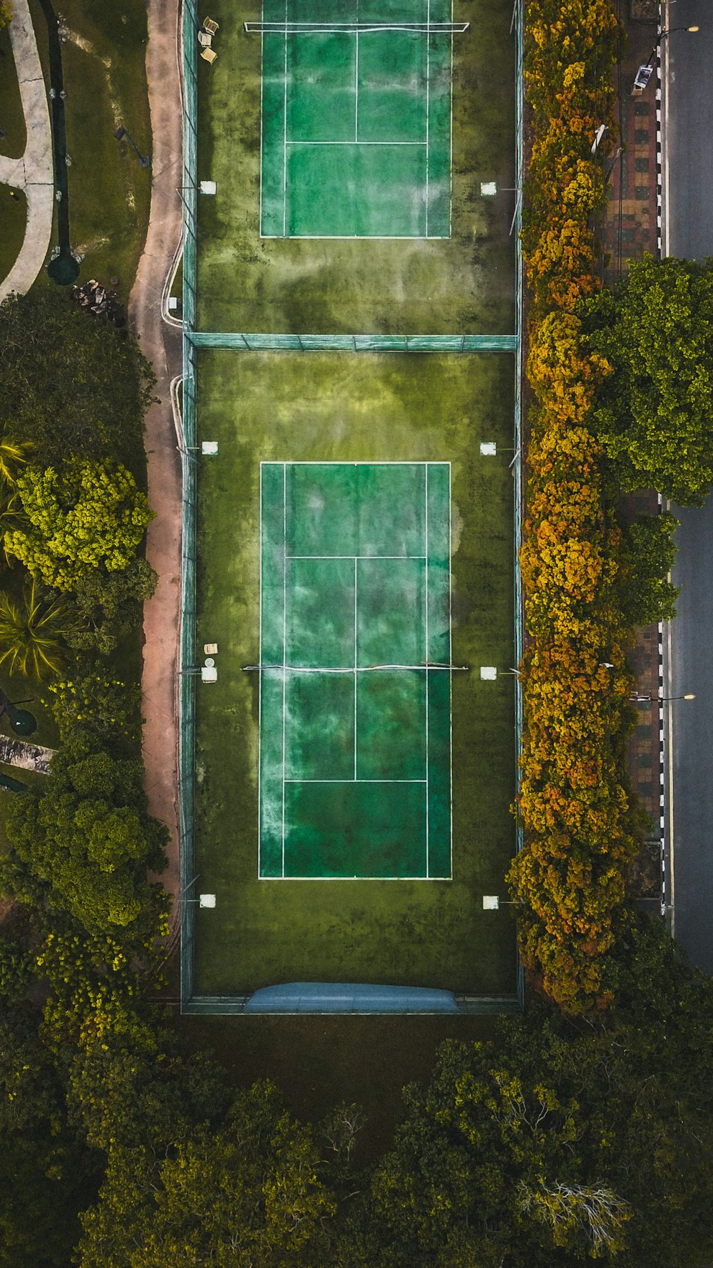 Vue aérienne d’un terrain de sport entre les arbres