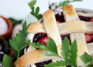 blueberry pie with parsley served on white ceramic bowl