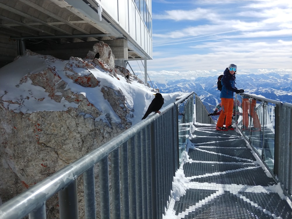 man standing on mesh bridge near mountain range