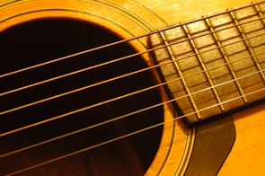 A close-up view of an acoustic guitar highlighting the strings, fretboard, and sound hole. The warm wood tones on the guitar body create a vintage appearance.