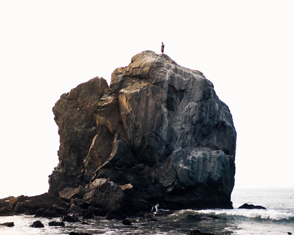 Person, die tagsüber auf einem Felsen in der Nähe des Ozeans steht