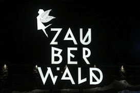 A fairy silhouette with wings and an extended arm is positioned above the stylized letters that spell out 'ZAUBERWALD'. The text and image are bright and white against a dark background. Small lights at the bottom illuminate the scene.
