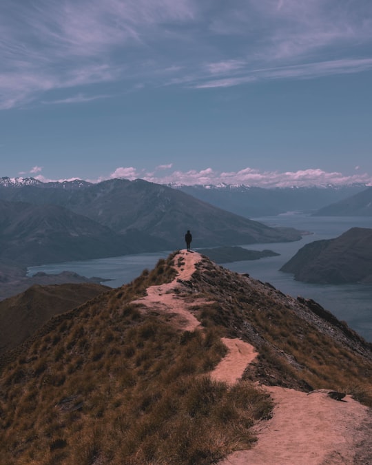 person standing on cliff near mountain under cloudy sky during daytime in Roys Peak New Zealand