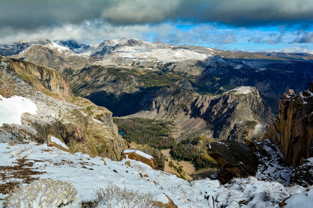 mountain range with snow cap under blue skies