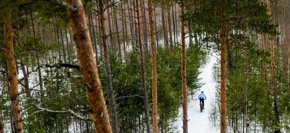 person cycling on snowy road