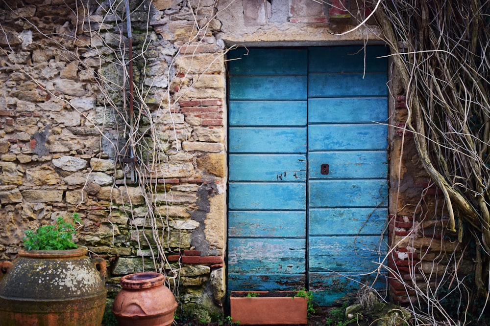 blue wooden door closed during daytime