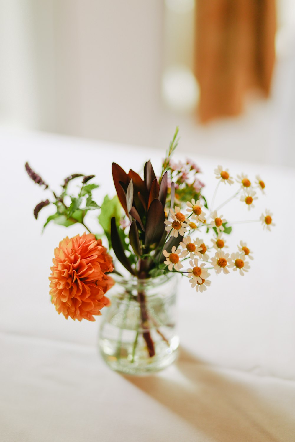 white, brown, and orange flowers on clear glass vase