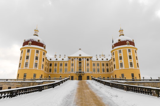 landscape photography of pathway leading to yellow building under gray sky in Schloß Moritzburg Germany