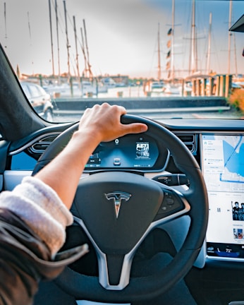 A person's hand holds the steering wheel inside a Tesla car with a marina and boats visible through the windshield. The dashboard displays various controls and multimedia options.