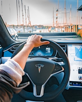 A person's hand holds the steering wheel inside a Tesla car with a marina and boats visible through the windshield. The dashboard displays various controls and multimedia options.