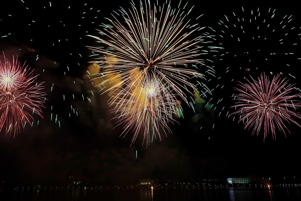 yellow and pink fireworks display in sky