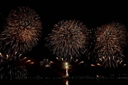 Screenshot of a winning Free Fire squad celebrating with fireworks in the background.