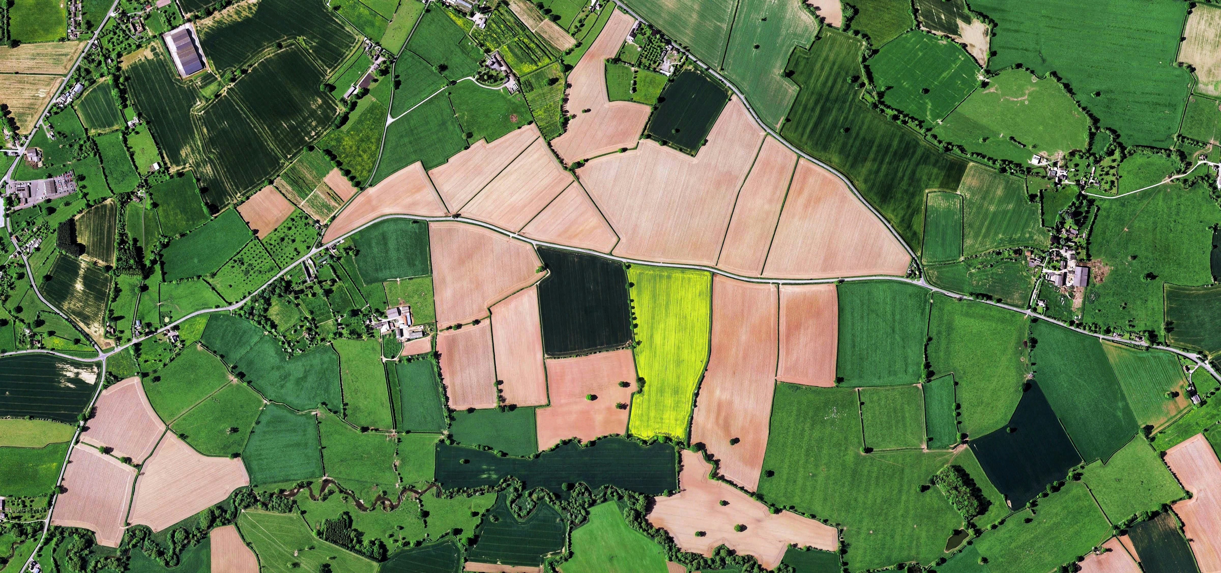 Aerial view of green and black fields