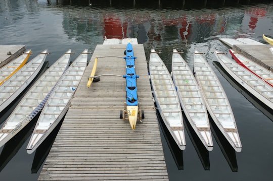 blue and gray metal stand on dock in False Creek Canada