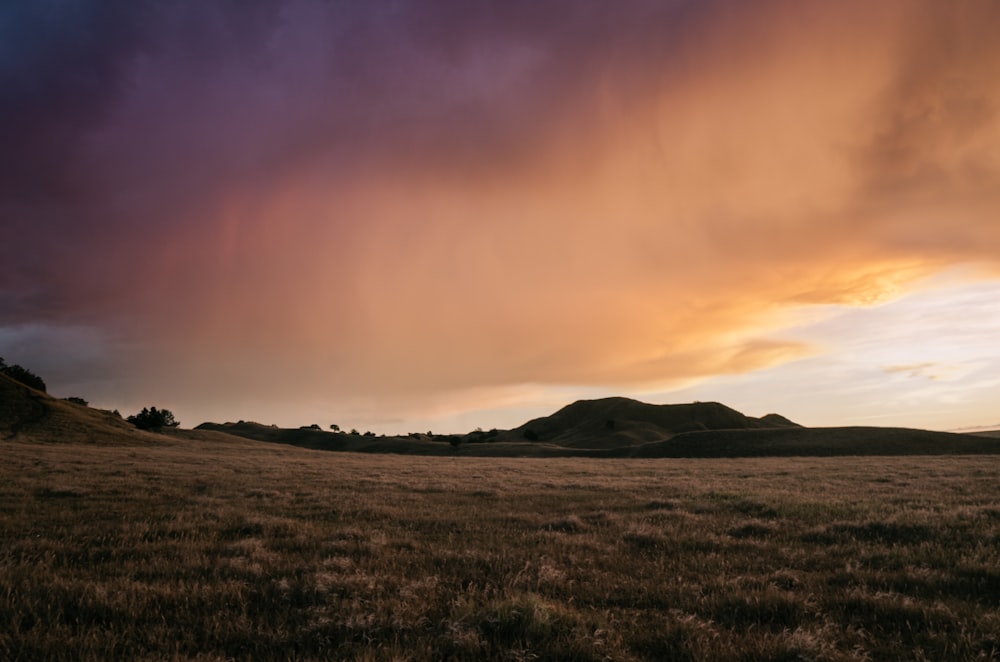 green grass near mountain under orange clouds