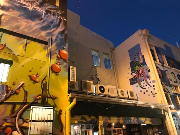 Colorful urban street art featuring large murals painted on the sides of buildings. One mural displays an underwater theme with bubbles and abstract shapes, while another showcases a detailed octopus. Air conditioning units are visible on the walls, and various small lights are strung across the buildings. The scene is captured during twilight, creating vibrant contrasts between the illuminated art and the darkening sky.
