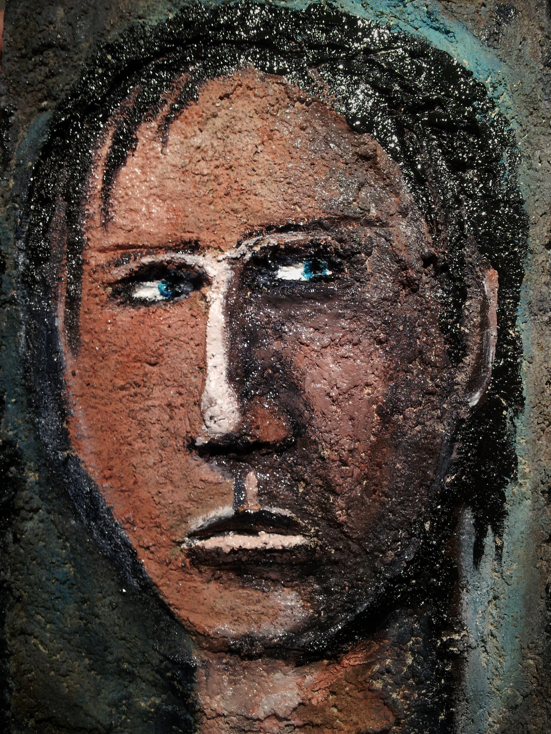 An expressive portrait painting featuring warm earthy colors and dynamic facial expressions.
