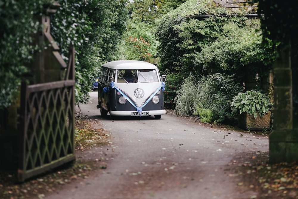 photo of white and black Volkswagen hippie van near green leafed plant