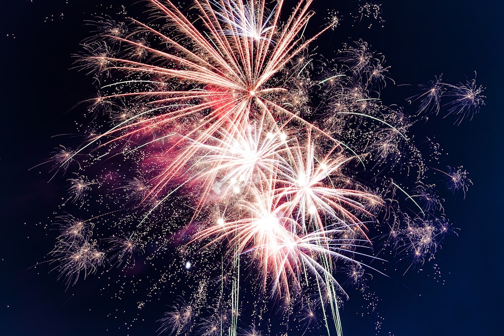 Fotografia de lapso de tempo de fogos de artifício à noite