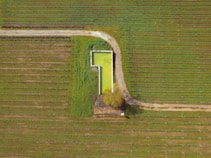 Aerial view of a green-roofed rectangular structure surrounded by vast agricultural fields. The fields display neat rows of vegetation, and a dirt path intersects the area, leading up to the structure.