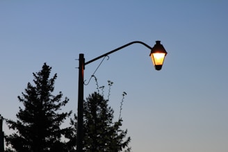 Solar-powered street lamps illuminating a quiet evening street.