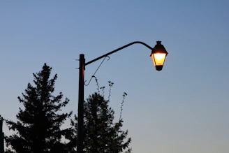 A warm-lit solar street lamp illuminating a quiet evening street.