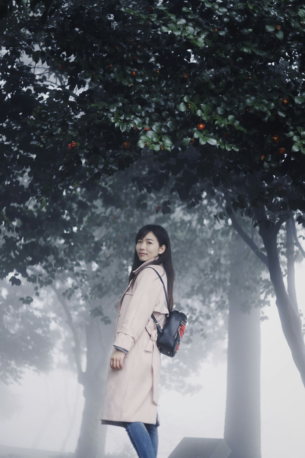 woman with black backpack near green trees covered with smoke at daytime