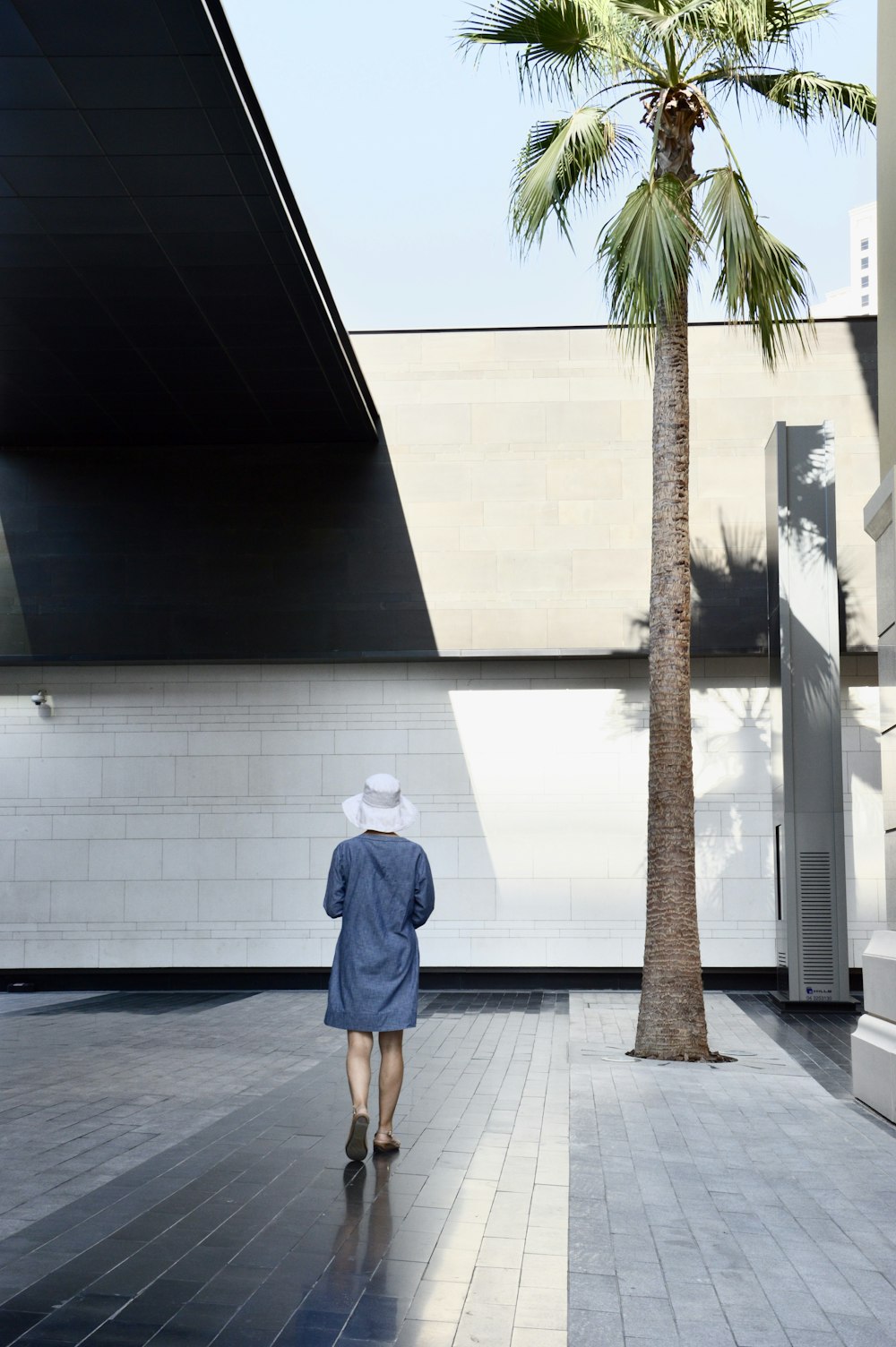 Donna che cammina vicino alla palma e all'edificio in cemento durante il giorno