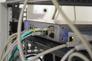 Technicians setting up network infrastructure in a modern office environment.