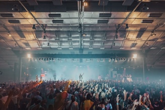 group of people watching live rock band near stage