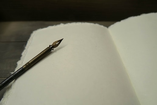 A vintage fountain pen rests on an open blank book with textured pages, creating a nostalgic and inviting scene for writing.