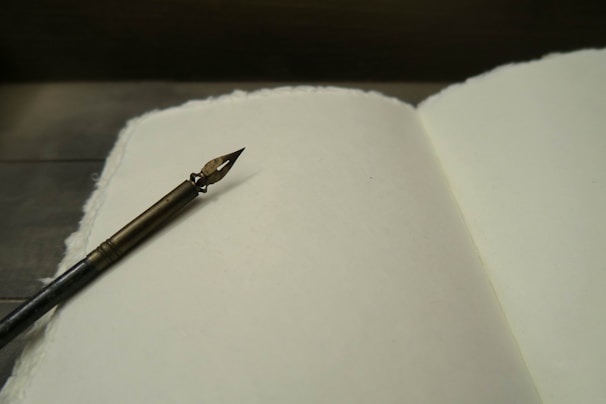 A vintage fountain pen rests on an open blank book with textured pages, creating a nostalgic and inviting scene for writing.