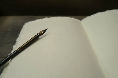 A vintage fountain pen rests on an open blank book with textured pages, creating a nostalgic and inviting scene for writing.