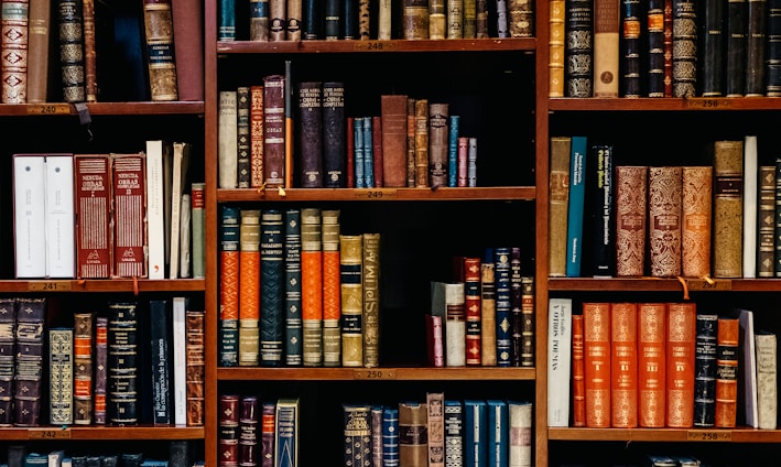 assorted-title of books piled in the shelves