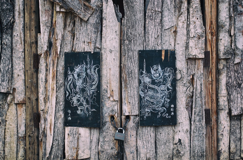 brown wooden door with grey steel padlock