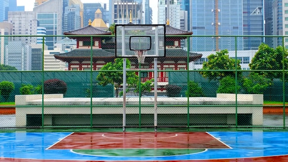 A basketball court is positioned outdoors with a city skyline in the background. The court is wet, suggesting recent rain, and features a central hoop with green fencing around it. Behind the court, there's a traditional building with a sloping roof, contrasting with the modern skyscrapers further back.
